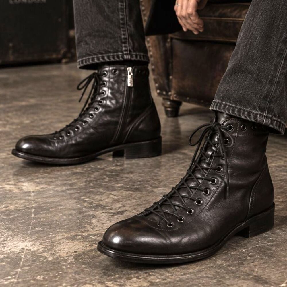Ghost London Black Leather Lace Up Zip Ankle Western Boots Shoes Mens Size 44.5
